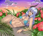  abs arm_support bare_shoulders bikini blue_hair bracelet breasts brown_eyes cameltoe choker cleavage cloud flower hibiscus highres horns houtengeki jewelry large_breasts long_hair lying navel on_side original purple_hair solo sunset swimsuit wristband 