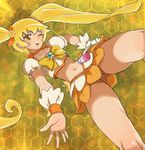  blonde_hair bow choker cure_sunshine heart heartcatch_precure! long_hair magical_girl midriff myoudouin_itsuki navel one_eye_closed orange_bow orange_choker orange_skirt precure skirt solo tarayama twintails wrist_cuffs yellow yellow_background yellow_bow yellow_eyes 