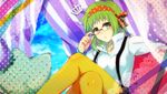  bad_id bad_pixiv_id bespectacled crossed_legs glasses green_eyes green_hair gumi hairband okra_boom pantyhose short_hair sitting solo suspenders vocaloid yellow_legwear 