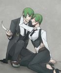  1girl awii blazblue formal genderswap genderswap_(mtf) green_hair hazama selfcest short_hair weapon 