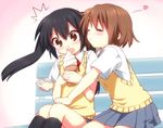  2girls =_= bench black_hair blush brown_eyes brown_hair closed_eyes feeding food hair_ornament hairclip heart hirasawa_yui ice_cream k-on! kiss kneehighs long_hair multiple_girls nakano_azusa neck_ribbon o3o open_mouth red_ribbon ribbon school_uniform short_hair sitting skirt socks surprised twintails usashiro_mani vest wavy_mouth yuri 