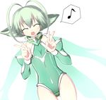  :d ^_^ antenna_hair ar_tonelico ar_tonelico_ii bangs blush closed_eyes cowboy_shot detached_sleeves dutch_angle eighth_note fairy_wings flat_chest flipped_hair frelia gradient gradient_wings green_hair green_leotard groin hair_between_eyes happy hasumi_takashi leotard multicolored multicolored_wings musical_note open_mouth parted_bangs short_hair smile solo speech_bubble spoken_musical_note turtleneck v wings 