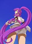  bad_id bad_pixiv_id blue_background cropped_jacket detached_sleeves from_below long_hair perspective purple_eyes purple_hair shibasaki_shouji shorts sophie_(tales) tales_of_(series) tales_of_graces twintails very_long_hair white_shorts 