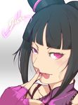  :p black_hair blush close-up drill_hair face finger_to_mouth fingerless_gloves gloves halter_top halterneck han_juri hands inugami_mokekiyo nail_polish pink_nails purple_eyes solo street_fighter tongue tongue_out twin_drills upper_body 