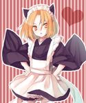  :&lt; animal_ears bad_id bad_pixiv_id blonde_hair cat_ears hands_on_hips heart maid maid_headdress midorikawa_you orange_eyes orange_hair shaman_king short_hair sketch solo striped striped_background 