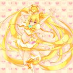  arms_up blonde_hair boots bow checkered checkered_background cure_sunshine hair_ribbon heart heart_background heartcatch_precure! instrument knee_boots long_hair magical_girl midriff myoudouin_itsuki navel orange_bow precure ribbon shiny_tambourine skirt solo tambourine tsucaco twintails very_long_hair yellow yellow_bow yellow_skirt 