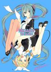  bad_id bad_pixiv_id blonde_hair blue_eyes fen_renlei flying_paper green_eyes green_hair hair_ornament hairclip hatsune_miku headset kagamine_rin long_hair multiple_girls paper rotational_symmetry skirt thighhighs twintails upside-down very_long_hair vocaloid 