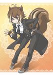  animal_ears blazblue brown_eyes brown_hair cosplay fingerless_gloves formal gloves hazama hazama_(cosplay) kyboshide makoto_nanaya necktie pant_suit shirt solo squirrel_ears squirrel_tail suit tail 