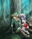  1girl bad_id bad_pixiv_id bat_wings bite_mark blonde_hair blood blue_eyes blue_hair chikuwa_(rinka) commentary_request crossover earrings gloves hat jewelry link red_eyes remilia_scarlet short_hair the_legend_of_zelda the_legend_of_zelda:_twilight_princess touhou vampire wings 