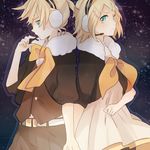  1girl asymmetry_(module) back-to-back belt blonde_hair blue_eyes brother_and_sister cropped_jacket dress earmuffs gemini_(vocaloid) hair_ornament hairclip headset holding_hands kagamine_len kagamine_rin project_diva_(series) project_diva_2nd short_hair siblings tama_(songe) twins vocaloid 