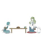  akaiti blue_hair bound detached_sleeves food frog fruit green_hair hair_ornament kochiya_sanae long_hair multiple_girls orange short_hair snake tatara_kogasa tea tied_up touhou yandere 