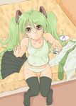  arm_support bed bonoramo controller from_above frown green_eyes green_hair hatsune_miku legs long_hair necktie no_pants remote_control sitting skirt solo sweat thighhighs twintails vocaloid 