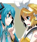  aqua_eyes aqua_hair bad_id bad_pixiv_id detached_sleeves frown hair_ornament hair_ribbon hairclip hatsune_miku kagamine_rin long_hair mizuki_(koko_lost) multiple_girls necktie open_mouth ribbon tears vocaloid 