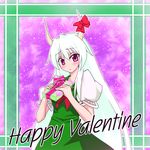  blush bow dress ex-keine gift green_hair happy_valentine holding holding_gift horn_ribbon horns kamishirasawa_keine long_hair netachou pink_eyes ribbon solo touhou upper_body valentine very_long_hair 