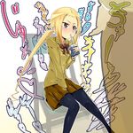  blazer blonde_hair brown_eyes covering covering_crotch drinking drinking_straw hagimura_suzu jacket juice_box long_hair pantyhose school_uniform seitokai_yakuindomo solo tanabe_kyou twintails 