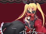  bad_id bad_pixiv_id blazblue blonde_hair bow cup gii long_hair rachel_alucard red_bow red_eyes ribbon solo tea twintails 
