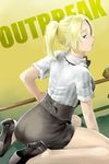  bad_id bad_pixiv_id blonde_hair cindy_lennox from_behind high_heels looking_back ponytail rakuto_mangan resident_evil resident_evil_outbreak shirt shoes skirt solo striped striped_shirt sweatdrop 