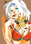  animal_ears bad_id bad_pixiv_id blue_eyes breasts cat_ears chocolate cleavage commentary final_fantasy final_fantasy_xi headband large_breasts licking midriff mithra short_hair sitiseisubaru solo tail translation_request white_hair 