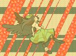  asymmetrical_legwear black_hair bow closed_eyes collared_shirt floating green_skirt hair_bow highres impaled long_hair patterned_background reiuji_utsuho shirt skirt solo touhou uewtsol wings 