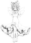  arms_behind_back barefoot cirno dress feet greyscale hair_ribbon katzeh looking_down monochrome ribbon short_hair smile solo touhou wings 