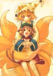  animal_ears bad_id bad_pixiv_id blonde_hair brown_hair cat_ears cat_tail chen fangs fox_tail hat kuronuko_neero large_tail long_sleeves looking_at_another multiple_girls multiple_tails open_mouth pillow_hat red_eyes short_hair socks tail tail_hug tassel touhou wide_sleeves yakumo_ran yellow_background 