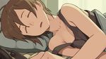  bare_shoulders brown_hair go_robots lying off_shoulder on_side original saliva short_hair sleeping solo strap_slip tank_top 