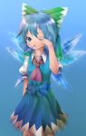  bad_id bad_pixiv_id blue_eyes blue_hair bow cirno korichiru one_eye_closed short_hair solo toothbrush touhou wings 