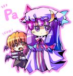  bad_id bad_pixiv_id bat_wings book bow chibi fang hair_bow hat head_wings koa_(phrase) koakuma long_hair mendou_saya multiple_girls patchouli_knowledge purple_eyes purple_hair simple_background touhou wings 