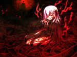  bad_id bad_pixiv_id dark_sakura fate/stay_night fate_(series) hair_ribbon hanui matou_sakura naughty_face red_eyes ribbon solo white_hair 