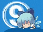  1girl blue_hair blueberry_(5959) bow cirno closed_eyes hair_bow saliva short_hair sleeping solo touhou wings 