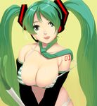  bad_id bad_pixiv_id bare_shoulders breasts cleavage green_hair hatsune_miku large_breasts long_hair masao necktie solo spring_onion strap_slip striped tongue twintails upper_body vocaloid 