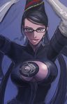  bayonetta bayonetta_(character) bodysuit breasts cleavage earrings eyeshadow glasses jewelry large_breasts long_hair makeup mole mole_under_mouth solo very_long_hair yuzukarin 