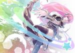  aoin aqua_eyes boots double_lariat_(vocaloid) headphones long_hair megurine_luka navel pink_hair skirt smile solo thighhighs vocaloid 