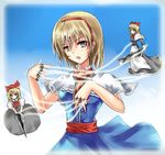  alice_margatroid blonde_hair blue_eyes demonk doll hairband highres lance polearm shanghai_doll short_hair solo string sword touhou weapon yellow_eyes 