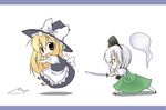  bad_id bad_pixiv_id blonde_hair braid chibi gameplay_mechanics ghost hairband hat hip_attack katana kirisame_marisa konpaku_youmu konpaku_youmu_(ghost) letterboxed multiple_girls short_hair silver_hair sword tobi_(nekomata_homara) touhou weapon witch_hat yellow_eyes 