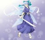  bleach blue_eyes blue_hair cirno cosplay crossover japanese_clothes katana kuchiki_rukia kuchiki_rukia_(cosplay) parody red_star_(toranecomet) ribbon shikai short_hair sode_no_shirayuki_(shikai) solo sword tabi touhou weapon 