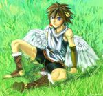  angel bike_shorts blue_eyes brown_hair grass kid_icarus male_focus pit_(kid_icarus) sitting solo spiked_hair thigh_strap wings 
