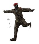  balaclava closed_eyes gloves hat male_focus metal_gear_(series) metal_gear_solid metal_gear_solid_3 military military_uniform muta_(mutt00) outstretched_arms simple_background soldier solo spread_arms translated uniform 