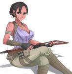  breasts cleavage crossed_legs dark_skin earrings fingerless_gloves gloves gun headset jewelry large_breasts md5_mismatch necklace otogi_tetsurou resident_evil resident_evil_5 rifle sheva_alomar short_hair sitting smile solo thigh_strap weapon 