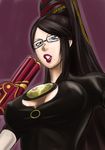  bayonetta bayonetta_(character) black_hair blue_eyes breasts cleavage glasses gun long_hair ml mole oneekyou weapon 