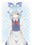  alternate_costume apron arms_behind_back blue_eyes blue_hair bow cirno enmaided hair_bow maid maid_headdress md5_mismatch one_eye_closed shihiron smile solo touhou tray 