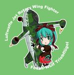  aircraft airplane chibi commentary_request front_ponytail green_background green_eyes green_hair hair_ribbon jet kagiyama_hina long_hair ribbon sakurato_tsuguhi simple_background solo touhou triebfluegel 