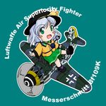  aircraft airplane bf_109 chibi commentary eyes green_eyes hat komeiji_koishi ribbon sakurato_tsuguhi short_hair silver_hair solo touhou world_war_ii 