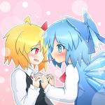  ahoge blonde_hair blue_eyes blue_hair blush bow cirno fang food hair_bow hair_ribbon holding_hands ice multiple_girls pocky pocky_kiss red_eyes ribbon rumia shared_food torichiyo touhou wings 