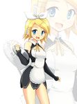  blonde_hair blue_eyes cosplay detached_sleeves dream_c_club dream_c_club_(series) dress hair_ornament hair_ribbon hairclip halftone halftone_background headphones headset kagamine_rin looking_at_viewer regdic ribbon setsu_(dream_c_club) setsu_(dream_c_club)_(cosplay) short_dress short_hair smile solo tray vocaloid waitress zoom_layer 