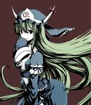  aki_(mare_desiderii) cosplay covering_mouth ex-keine green_hair hand_over_own_mouth hat high_contrast horns kamishirasawa_keine long_hair pale_skin red_eyes saigyouji_yuyuko saigyouji_yuyuko_(cosplay) simple_background sleeves_past_wrists smile solo touhou 