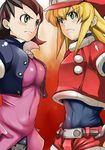 abs belt black_hair blonde_hair cholesenel confrontation cropped_jacket eye_contact frown gloves green_eyes hair_pulled_back hat looking_at_another multiple_girls pantyhose red_shorts rockman rockman_dash roll_caskett shorts spandex tron_bonne 