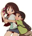  1girl backpack bag brother_and_sister brown_eyes brown_hair cellphone child komowata_haruka onozawa_mirai onozawa_yuuki phone short_hair siblings skirt star tokyo_magnitude_8.0 