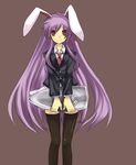  aki_(mare_desiderii) animal_ears bad_id bad_pixiv_id blazer bullet bunny_ears highres holding jacket long_hair necktie oversized_object purple_hair red_eyes reisen_udongein_inaba simple_background smile solo standing thighhighs touhou zettai_ryouiki 