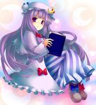  bad_id bad_pixiv_id blush book bow capelet crescent hair_bow hat holding long_hair open_mouth patchouli_knowledge purple_eyes purple_hair robe shoes solo striped touhou tsukumiya_amane 